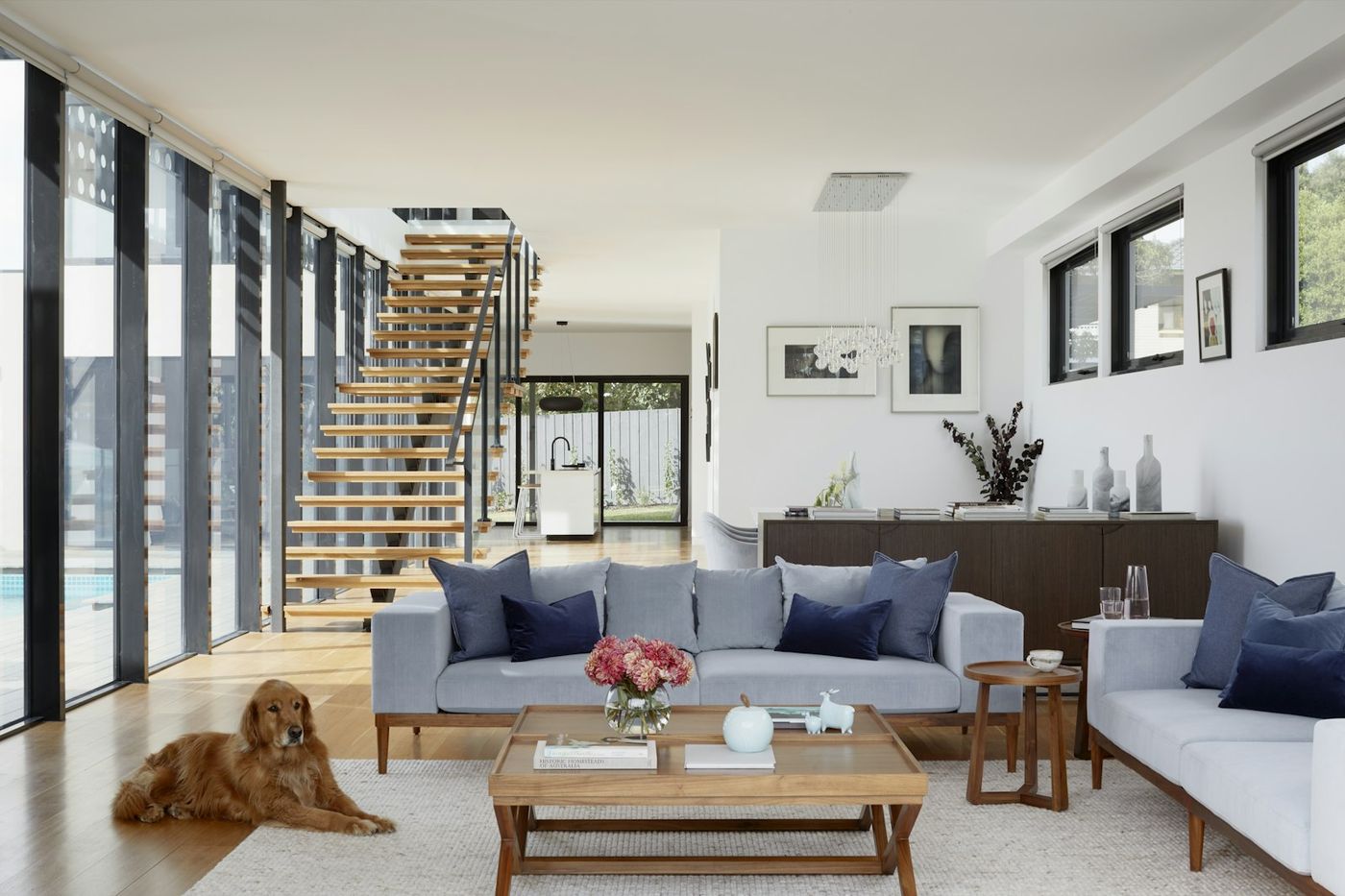 Clean family living room with a dog relaxing