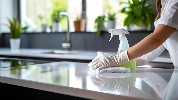 Cleaner wiping down a white kitchen counter