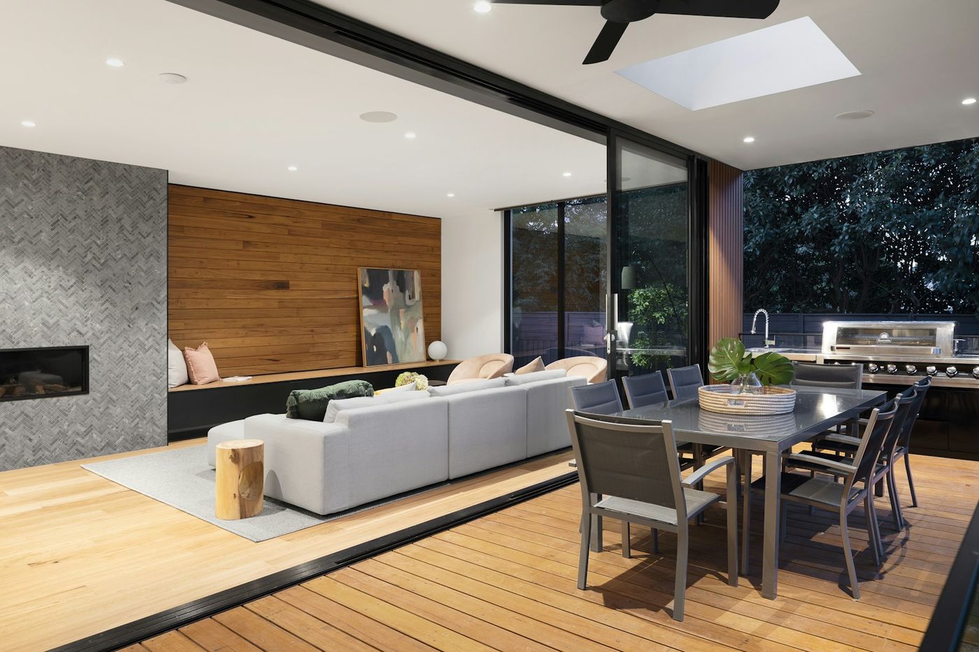 Open-plan vacation rental living and dining area